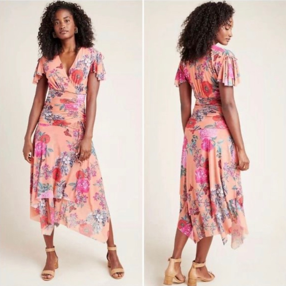 Maeve Anthropologie Simone Floral Asymmetrical Stretch Midi Dress Size XS
